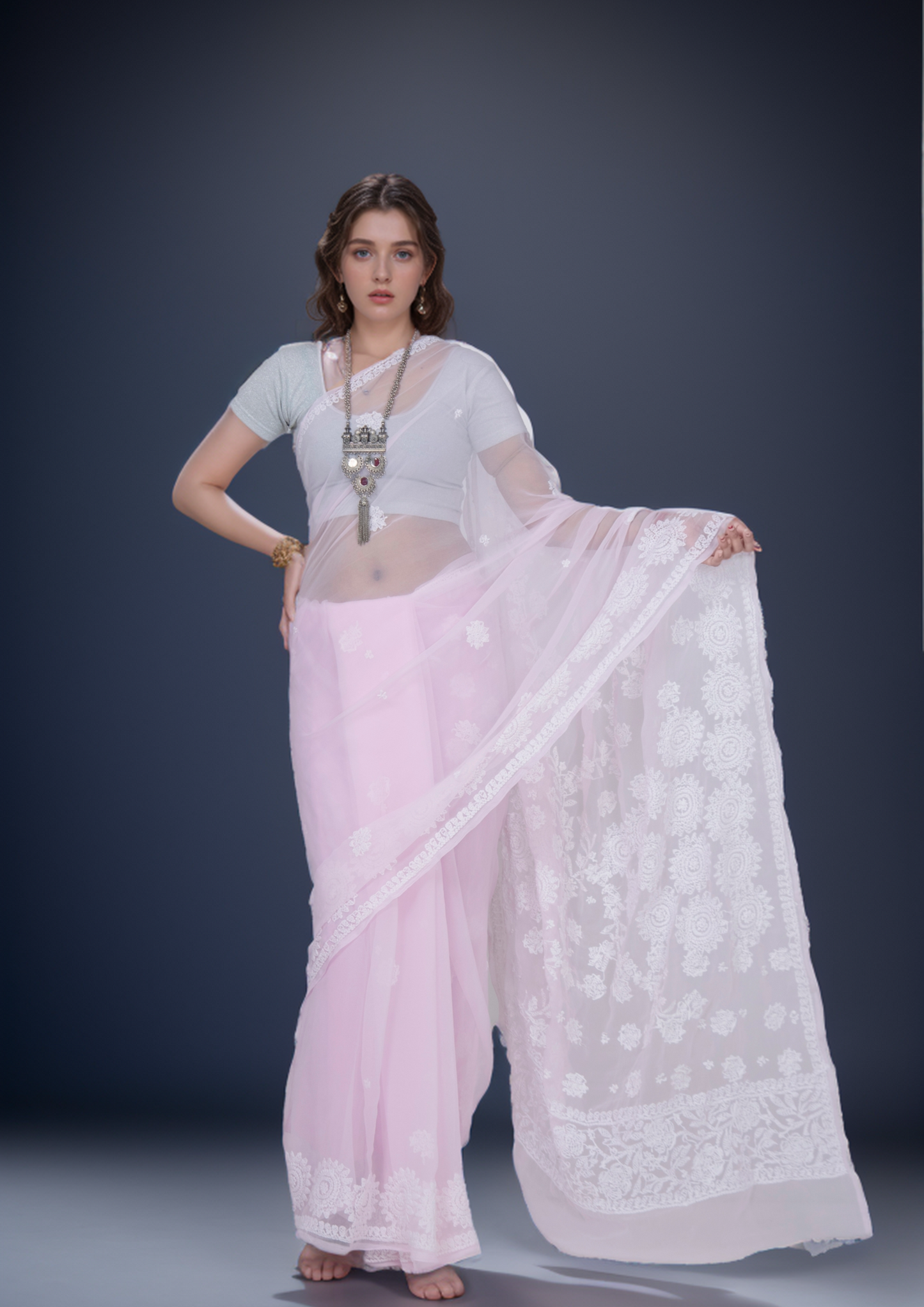 Pinaka - Fine Georgette Chikankari Sari